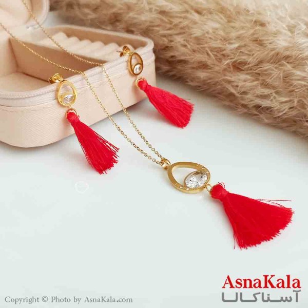 نیم ست دخترانه طرح نخ قرمز رنگ طلایی کد NIM14366W