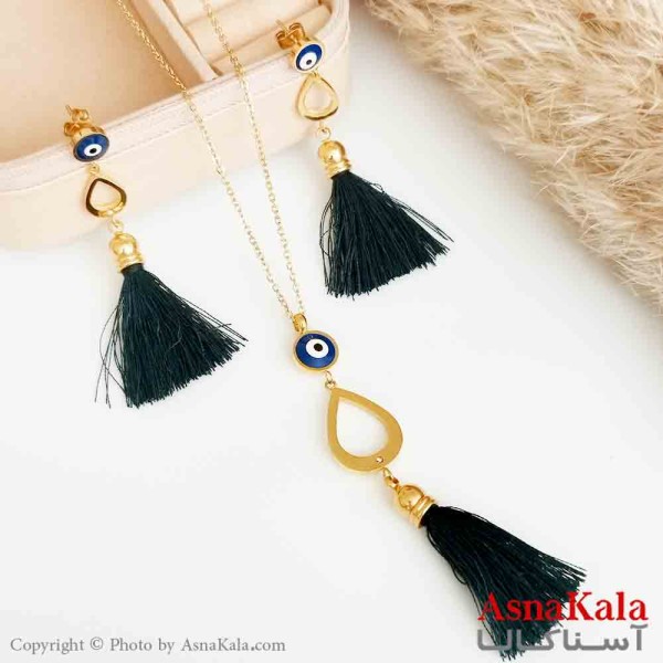 نیم ست دخترانه طرح چشم نظر با نخ مشکی رنگ طلایی کد NIM14369W