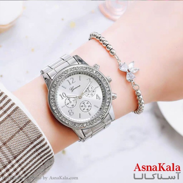 ساعت زنانه نگین دار نقره ای صفحه گرد مدل جنوا  کد WTCH1190W