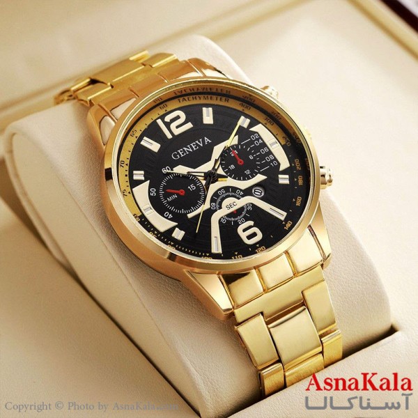 ساعت مردانه طرح 3 موتور طلایی صفحه گرد موتور کوارتز مدل جنوا با روزشمار  کد WTCH1194W