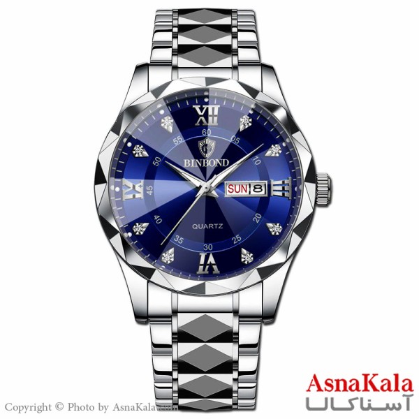 ساعت مردانه بین باند بند نقره ای صفحه آبی قاب الماسی، ضدآب ، دارای روزشمار کد WTCH11101W