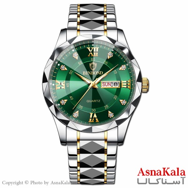 ساعت مردانه بین باند بند نقره ای صفحه سبز قاب الماسی، ضدآب ، دارای روزشمار کد WTCH11102W