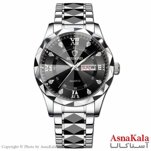 ساعت مردانه بین باند بند نقره ای صفحه مشکی قاب الماسی، ضدآب ، دارای روزشمار کد WTCH11103W