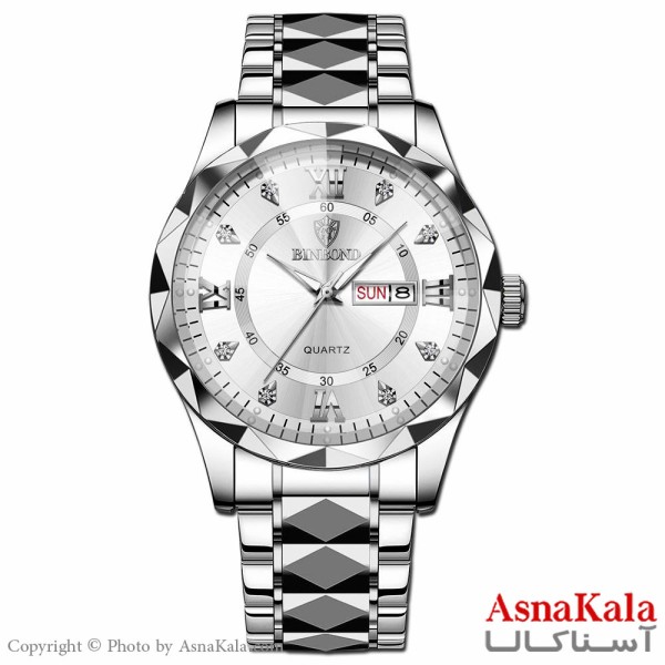 ساعت مردانه بین باند بند نقره ای صفحه نقره ای قاب الماسی، ضدآب ، دارای روزشمار کد WTCH11104W