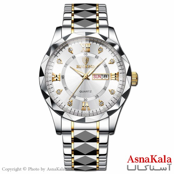 ساعت مردانه بین باند بند نقره ای صفحه نقره ای قاب الماسی، ضدآب ، دارای روزشمار کد WTCH11106W