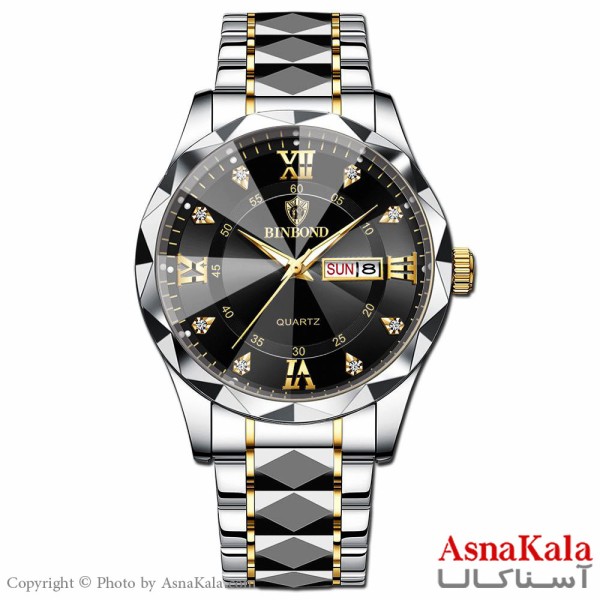 ساعت مردانه بین باند بند نقره ای صفحه مشکی قاب الماسی، ضدآب ، دارای روزشمار کد WTCH11107W