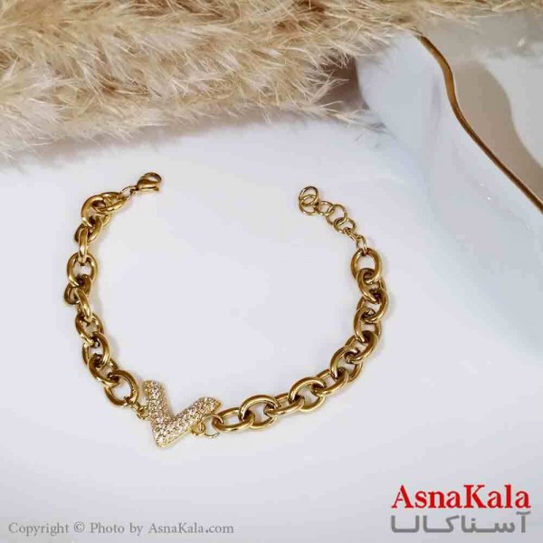 دستبند V زنانه نگیندار استیل طلایی کد DSB18362W