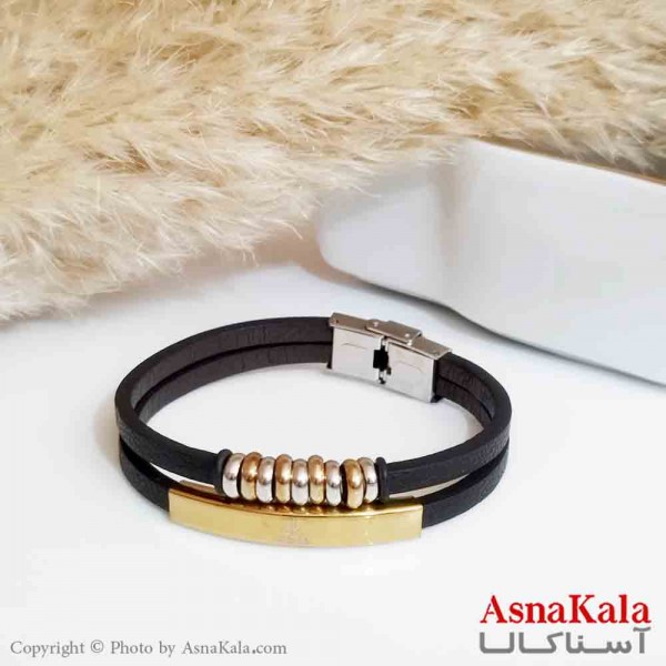 دستبند چرم مردانه دولاین با پلاک طلایی و گوی نقره ای طلایی 20 سانتی متر کد DSB18386W