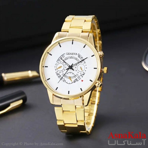 ساعت مردانه موتور نمایان جنوا طلایی صفحه گرد موتور کوارتز و روزشمار  کد WTCH11110W