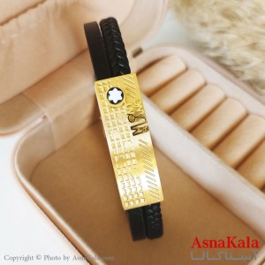 دستبند چرم مردانه طرح مونت بلانک پلاکدار پهن طلایی کد DSB18434W