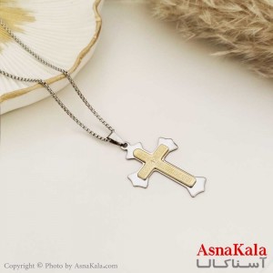 گردنبند صلیب دو رنگ استیل طلایی کد GNB16668W