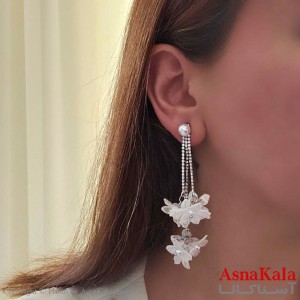 گوشواره مجلسی جواهری گل و مرواریدی استیل کد GSH15474W