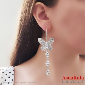 گوشواره آویز مجلسی  جواهری مدل پروانه نگین دار نقره ای  استیل کد GSH15488W