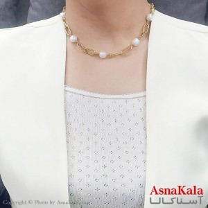 گردنبند زنانه استیل ترند حلقه ای و مروارید  طلایی کد GNB16743W