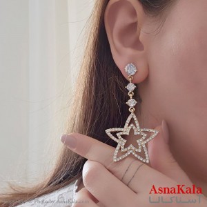 گوشواره آویز مجلسی جواهری مدل ستاره نگین دار استیل طلایی کد GSH15504W