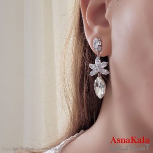 گوشواره آویز مجلسی جواهری مدل گل جدید نگین دار استیل نقره ای کد GSH15512W