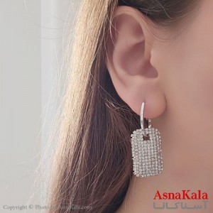 گوشواره آویز مجلسی جواهری مدل مستطیلی نگین دار استیل نقره ای کد GSH15514W