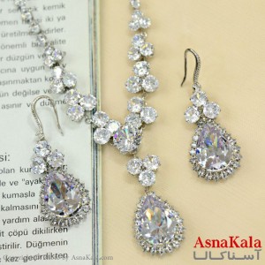 سرویس جواهری زنانه طرح مجلسی مدل دایره جدید اشکی خاص سفید کد NIM14510W