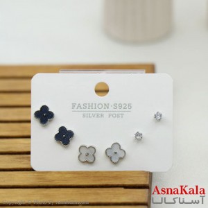 گوشواره زنانه استیل 316 پک 3 جفتی ونکلیف میخ نقره ای کد GSH15563W