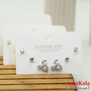گوشواره زنانه استیل 316  پک 3 جفتی مدرن میخ نقره ای کد GSH15566W