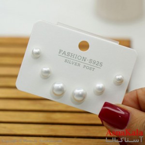 گوشواره زنانه استیل 316  پک 3 جفتی مدل مروارید میخ نقره ای کد GSH15574W