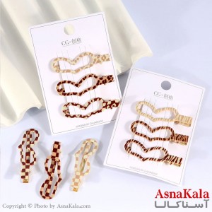 گیره مو زنانه انبری کارتی پینترستی قلبی طرحدار مجموعه 3عددی کد HAIR13502W