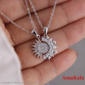 گردنبند ست دو نفره استیل 316 مدل ماه و خورشید نگینی نقره ای کد GNB16799W