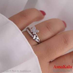 انگشتر زنانه استیل مینیمال پروانه نگینی نقره ای کد ANG19562W