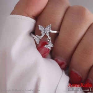 انگشتر زنانه استیل مدل آویز پروانه نگین نقره ای کد ANG19567W