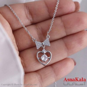 گردنبند استیل 316 مدل قلب پاپیونی نقره ای  کد GNB16812W