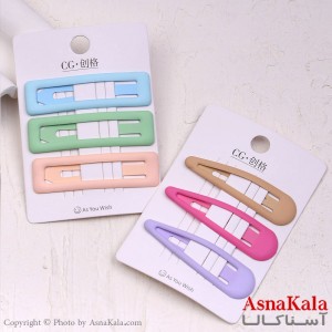 گیره مو تق تقی کارتی مات رنگی بادومی و مستطیلی مجموعه 3 عددی کد HAIR13846W