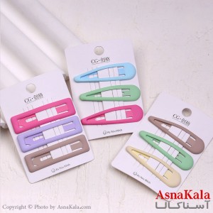 گیره مو تق تقی کارتی مات رنگی بادومی و مستطیلی مجموعه 3 عددی کد HAIR13847W