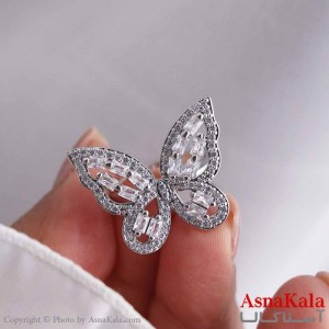 انگشتر زنانه استیل مدل پروانه نگین نقره ای کد ANG19685W