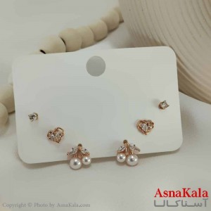 گوشواره زنانه ژوپینگ  پک 3 جفتی مدل گیلاسی و قلبی و نگین کد GSH15753W