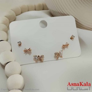 گوشواره زنانه ژوپینگ  پک 3 جفتی مدل پروانه و پاپیون و نگین کد GSH15754W