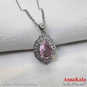 گردنبند استیل دخترانه مدل بیضی نگین صورتی کد GNB161201W