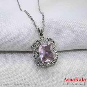 گردنبند استیل دخترانه مدل مربع نگین صورتی کد GNB161206W