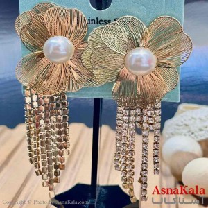 گوشواره آویزی استیل دخترانه مدل گل مرواریدی کد GSH15922W