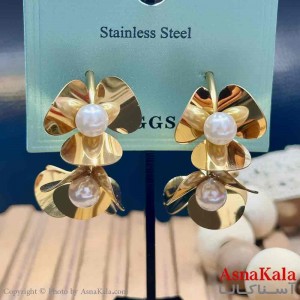 گوشواره حلقه ای استیل مینیمال دخترانه مدل گل تک مرواریدی کد GSH15932W