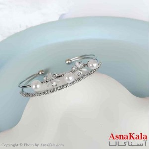 بنگل مینیمال دخترانه استیل 316 مدل دو لاین گل مرواریدی کد DSB18784W