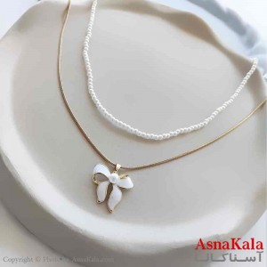 گردنبند زنانه استیل مینیمال مدل دو لاین مروارید و پاپیون  کد GNB161279W
