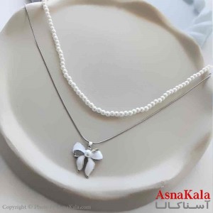 گردنبند زنانه استیل مینیمال مدل دو لاین مروارید و پاپیون  کد GNB161280W