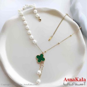 گردنبند زنانه استیل مینیمال مدل مروارید ونکلیف سبز کد GNB161284W