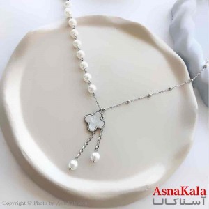 گردنبند زنانه استیل مینیمال مدل مروارید ونکلیف سفید کد GNB161286W