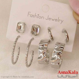 گوشواره زنانه استیل پک 4جفتی مدل نقره ای  کد GSH151253W