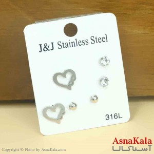 گوشواره زنانه استیل پک 3جفتی مدل میخی قلبی  کد GSH151277W