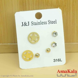 گوشواره زنانه استیل پک 3جفتی مدل میخی طلایی  کد GSH151280W
