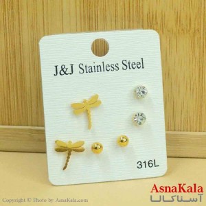 گوشواره زنانه استیل پک 3جفتی مدل میخی طلایی کد GSH151283W