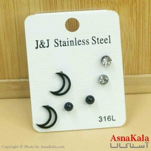 گوشواره زنانه استیل پک 3جفتی مدل میخی مشکی کد GSH151284W