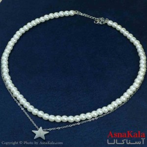 گردنبند دخترانه پینترستی استیل مدل دو لاین مروارید و ستاره کد GNB161458W